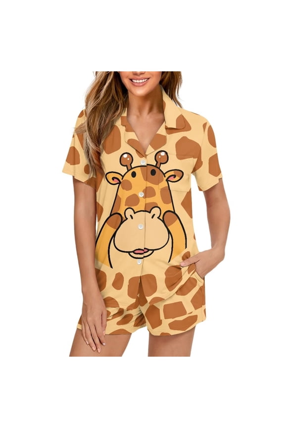 Cute Giraffe Print Women's Sleepwear Short Sleeve Women's Pajama Sets Notch Collar Button Down Nightwear Loungewear with Pockets Top and Shorts 2 Piece Night Suit for Women Size XXL