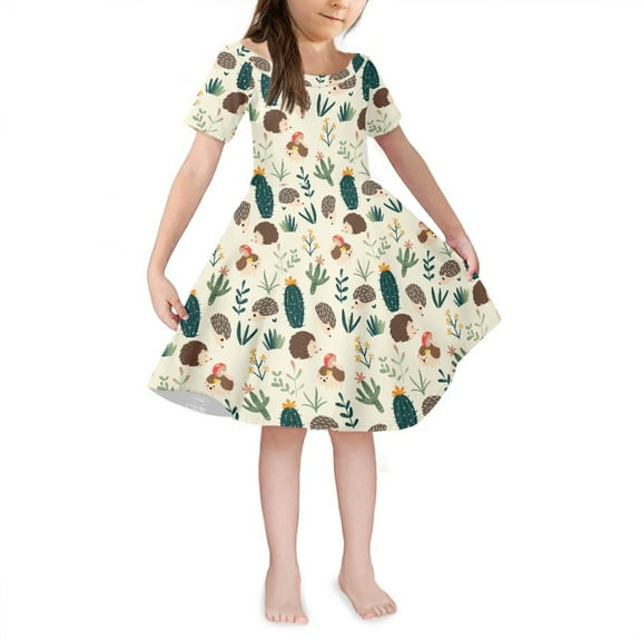 Yuyamidu Cute Hedgehog Summer Dress Cactus Kids A-Line Skater Swing Dress for Casual School Fashion Party Dress Holiday Short Sleeve Sundress for Teens Girls Size 5-6