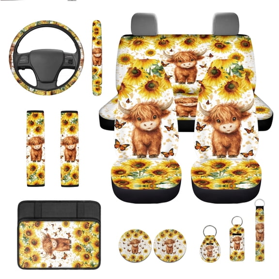 Yuyamidu Cute Highland Cow Car Seat Covers Front Rear Full Set Sunflowers Steering Wheel Cover Seat Belt Pads Butterfly Armrest Cover Cup Holders Keychain, 13 PCS
