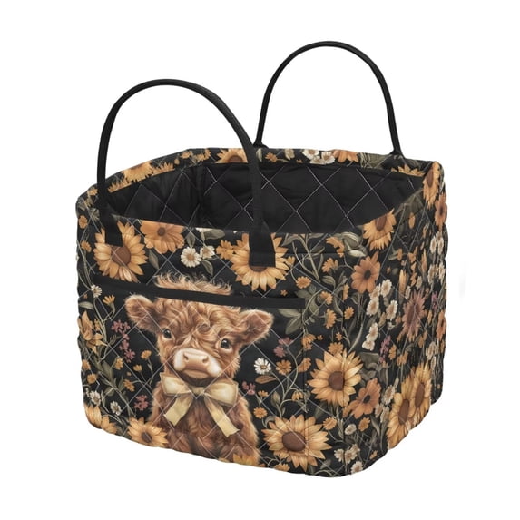 Yuyamidu Cute Highland Cow Quilted Laundry Basket for Bedroom with Side Pockets Large Capacity Laundry Basket Nursery Organizer Bin for Home Organization
