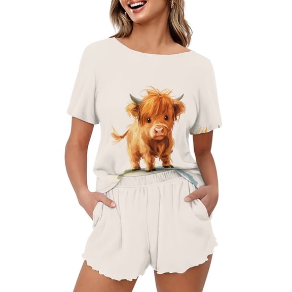 Yuyamidu Cute Highland Cow Summer Sleepwear Sets for Women Short Sleeve Top and Shorts Fashion Nightwear Soft Cartoon Lounge Set 2-Piece