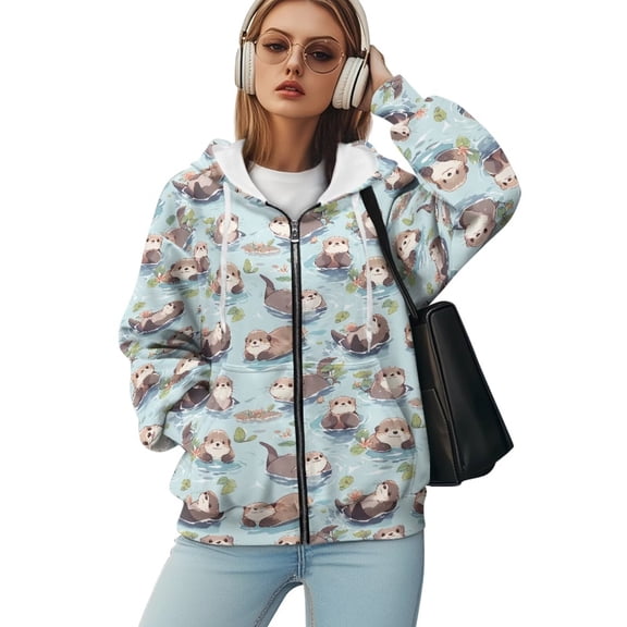 Yuyamidu Cute Hoodies for Women Jacket Otter Women's Fashion Hoodies & Sweatshirts Workout Jacket Zip-Up Sweatshirts for Women Oversize Hoodie with Zipper M