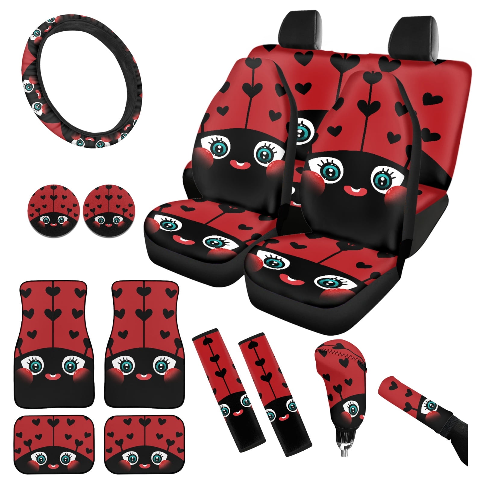 Yuyamidu Cute Ladybug Auto Seat Covers Full Set of 15 Red Car Carpet Mats Steering Wheel Cover Seat Belt Pads Cup Holder Handbrake Cover Gear Shift Cover