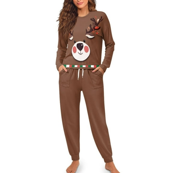 Yuyamidu Cute Reindeer Pajama for Women Set of 2 Christmas Long Sleeve Pjs Sets Brown Pajamas with Pockets Stretchy Round Neck Sleepwear Size M Casual Nightwear