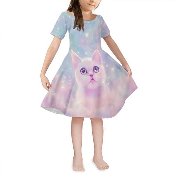 Yuyamidu Cute Short Sleeve Cat Dress Girls Holiday Party Skater Dress for Kids Age 5-6 Novelty Graphic A Line Midi Dresses Fashion Bling One-Shoulder Princess Dress