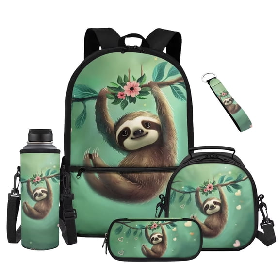 Yuyamidu Cute Sloth Backpack Set for Girls 6-8 & 8-10 with Lunch Box, Water Bottle Pouch, Pencil Bag & Keychain Set of 5, 17 Inch Lightweight Bookbag for 2nd-4th Grade, Back to School Gifts