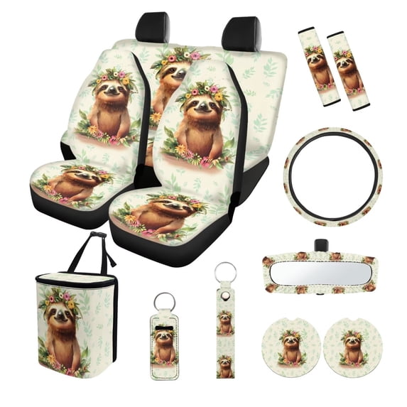 Yuyamidu Cute Sloth Car Accessories Sets with Car Seat Covers Steering Wheel Cover Seatbelt Shoulder Pad Trash Bag Rear View Mirror Covers Coasters Keychain 13 PCS Auto Decor