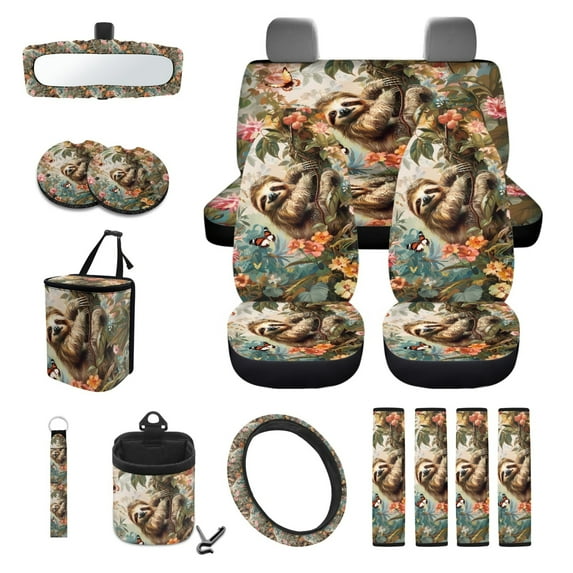 Yuyamidu Cute Sloth Car Seat Cover Full Set of 15 Flower Steering Wheel Cover Seat Belt Covers Trash Can Air Vent Organizer Box Rear View Mirror Cover Coasters Key Chain Car Interior Accessories