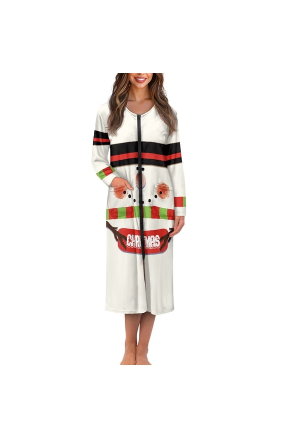 Cute Snowman Long Sleeve Zipper Bathrobe for Women After Shower Christmas Robes Dress Womens Lingerie Robes Lightweight Long Dressing Gown Soft Nightgown Size M