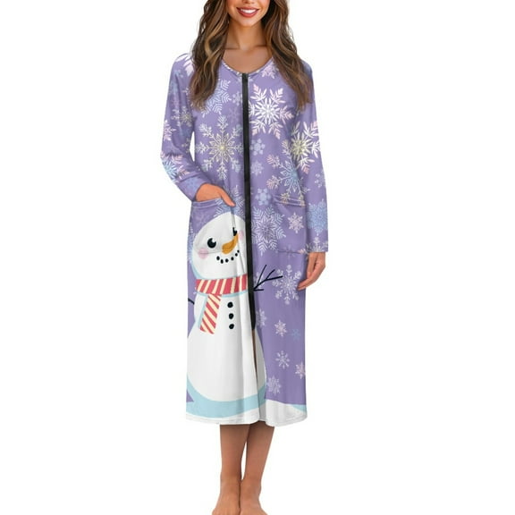 Yuyamidu Cute Snowman Long Sleeve Zipper Bathrobe for Women After Shower Snowflake Crewneck Robes Dress Purple Christmas Womens Robes Comfy Long Dressing Gown Size M