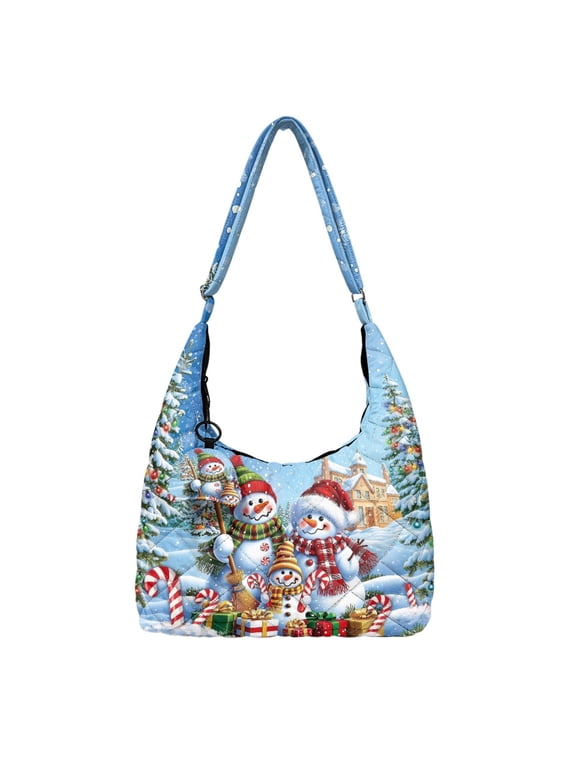 Cute Snowman Quilted Hobo Bag for Women Handbags Puffy Shoulder Purse with Matching Pendant, Roomy Interior and Back Zip Pocket for Christmas