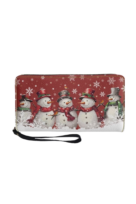 Cute Snowman Wallet Women Christmas Zip Around Coin Card Bag Lady PU Leather Purse Shopping Travel Pouch Clutch, Large Capacity