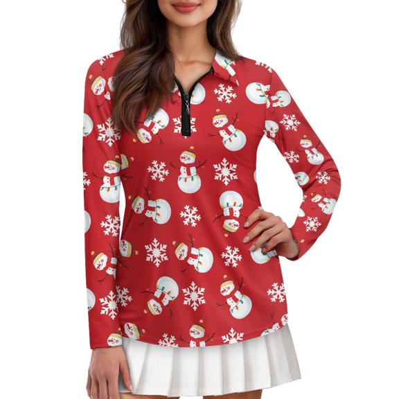 Yuyamidu Cute Snowman Women Golf Shirts Snowflake Long Sleeve Zip Up V-Neck Golf Tennis Shirt Red Christmas Pullover Tops Size 2XL