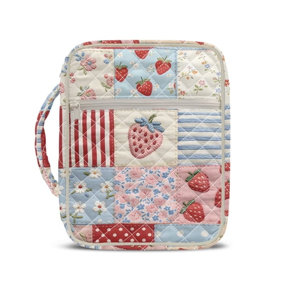 Yuyamidu Cute Strawberry Bible Cover for Women Flowers Quilted Bible Tote Bag with Handle and Organizer Pouch for Standard Bibles Couple Floral Church Bag for Study Travel
