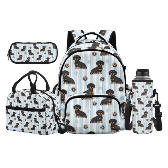 Yuyamidu Dachshund Backpack Set for Boys Girls 6-8 8-10 10-12 Light Blue Stripe Kids School Bag 4 Piece Elementary Bookbag with Lunch Box Pencil Case Water Bottle Bag Travel Daypack