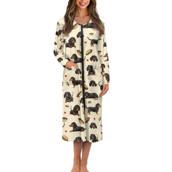 Yuyamidu Dachshund Bathrobes for Women Zipper Front Sleepwear Dog Crewneck Robe Cute Long Dressing Gown Plus Size XL Breathable Mid-Calf Length Robes with Pockets