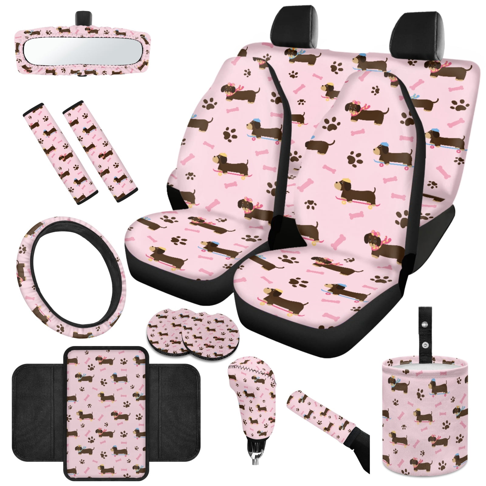 Yuyamidu Dachshund Car Front Rear Seat Covers Full Set of 14 Dog Paw Steering Wheel Cover Seat Belt Pads Handbrake Sets Trash Bin Armrest Cover Rearview Mirror Cover Cup Holders for SUV Truck Sedan