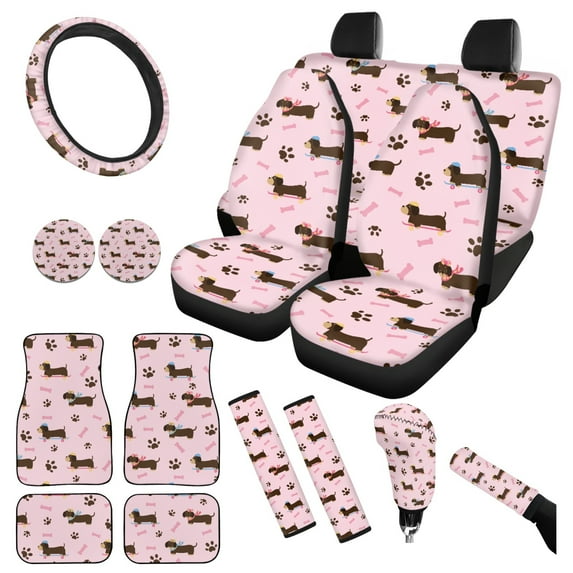 Yuyamidu Dachshund Car Seat Covers Full Set Dog Paw Car Floor Mats Steering Wheel Cover Cute Safe Belt Pads Pink Handbrake Cover Cup Holders, Set of 15
