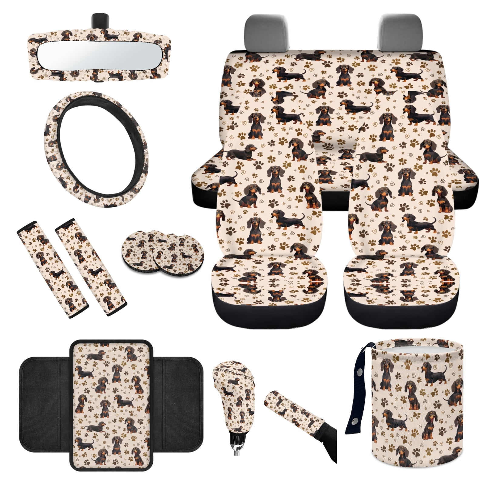 Yuyamidu Dachshund Dog Car Seat Cover of 14 Dog Paw Steering Wheel Cover Seatbelt Pads Cute Auto Armrest Cover Handbrake Cover Rearview Mirror Cover Trash Can Coasters Car Accessories