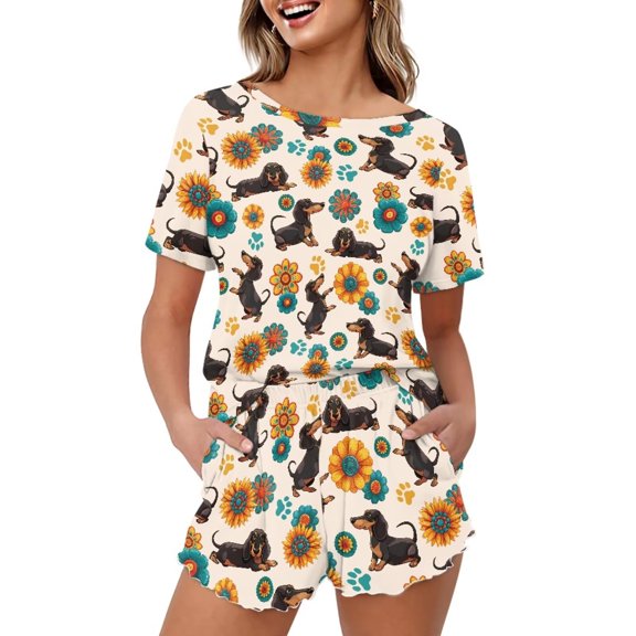 Yuyamidu Dachshund Flower Women's Pajama Set Short Sleeve Round Neck Top & Matching Bottoms, Soft Sleepwear Two-Piece for Night & Lounge