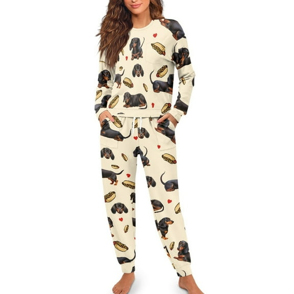 Yuyamidu Dachshund Long Sleeve Pajamas for Women Cute Dog Long Pj Pants Set of 2 Loose Fitting O-Neck Sleep Wear Pullover Tops Leisure Home Indoor Sleepwear Size 2XL