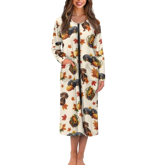 Yuyamidu Dachshund Long Sleeve Robe for Women After Shower Maple Leaves Crewneck Bathrobe Nightgown Thanksgiving Long Dressing Gown Fall Casual Zipper Front Robes Lounge Wear Size S