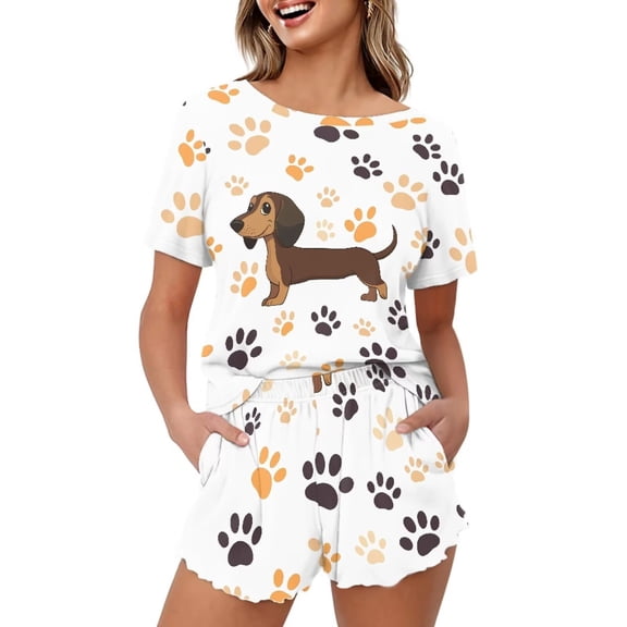 Yuyamidu Dachshund Women's Pajama Set Relaxed Fit Summer Pjs Set Short Sleeve Top and Shorts Ladies Pjs Sets Elastic Lounge Set Sleepwear, White
