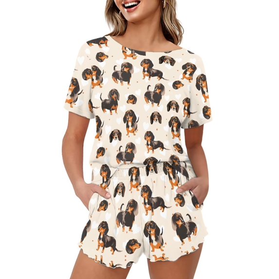 Yuyamidu Dachshund Women's Pajamas Sets Short Sleeve Sleepwear Crew Neck Comfy Loungewear Set with Pockets Casual Cozy Lounge Wear Set