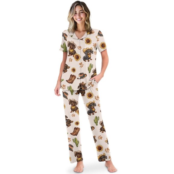 Yuyamidu Dachshund Womens Pjs Set Plus Size 2-Piece Short Sleeve Button-Down Pajama Set Lightweight Summer Sleepwear Matching Lounge Sets