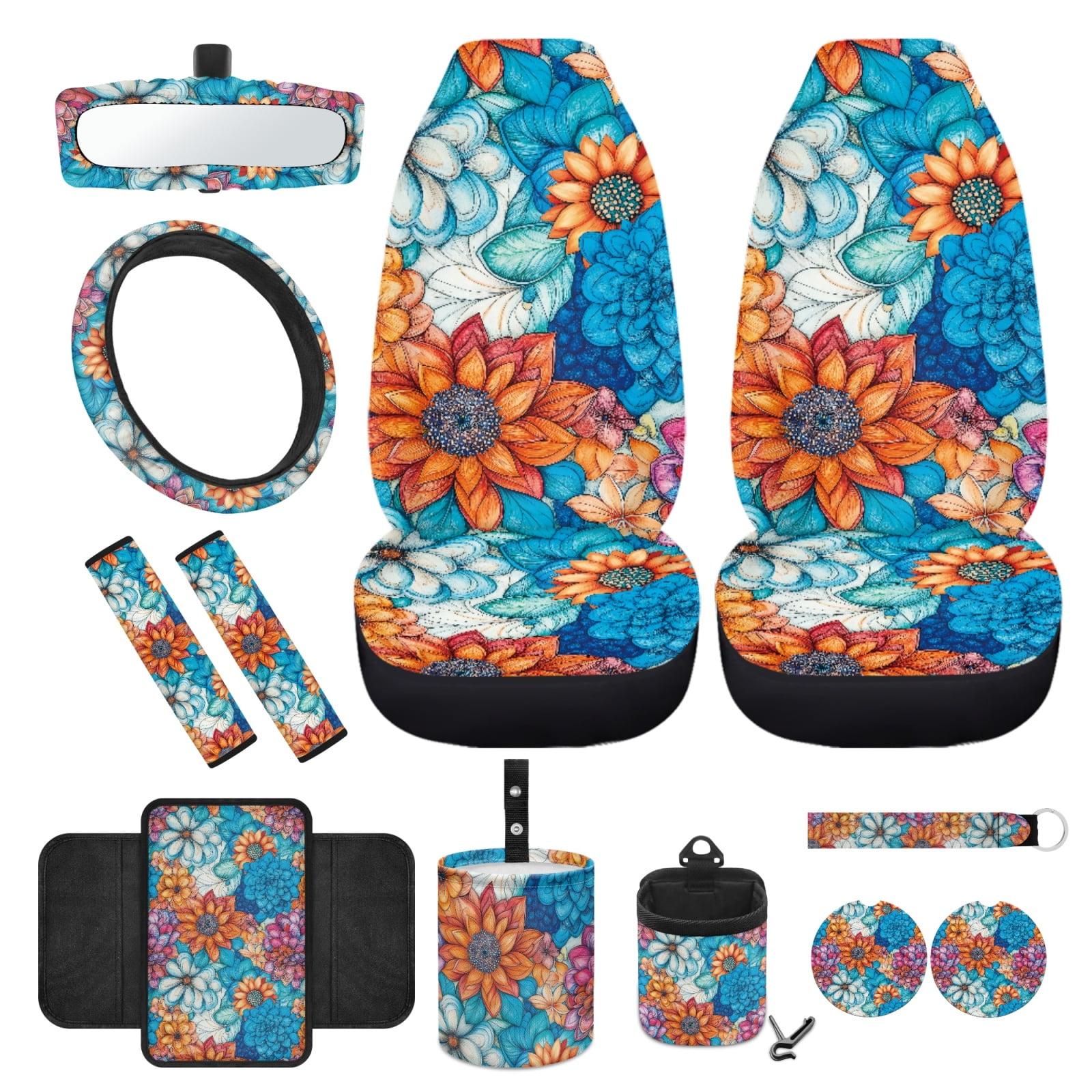Dolphin Car Accessories Set - 2 Coasters, 2 Keychains, 1 Steering Wheel Cover, Black