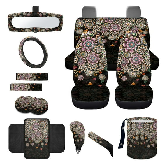 Yuyamidu Dahlia Car Seat Cover Set with Steering Wheel Cover Seat Belt Pad Cup Holder Trash Bag Gear Shift Knob Cover Set Rear View Mirror Protector Auto Armrest Cover Fit for Most Cars SUVs