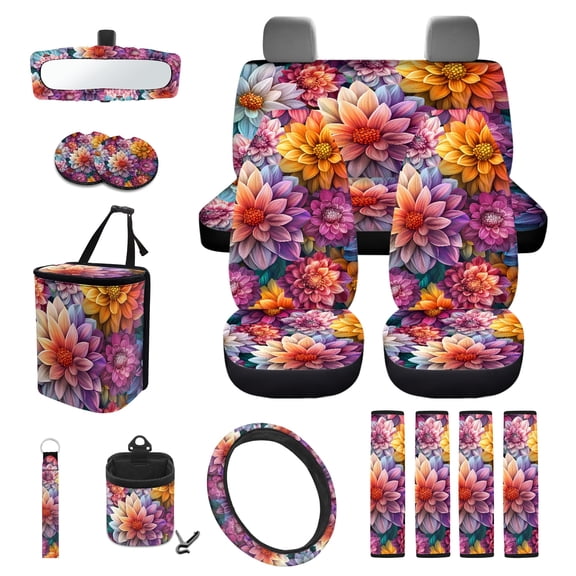 Yuyamidu Dahlia Car Seat Covers for SUV Truck Sedan Steering Wheel Cover Fashion Seat Belt Strap Pad Trash Bag Hanging Air Vent Storage Bag Rearview Mirror Accessory Cup Holder Key Chain 15 Pieces