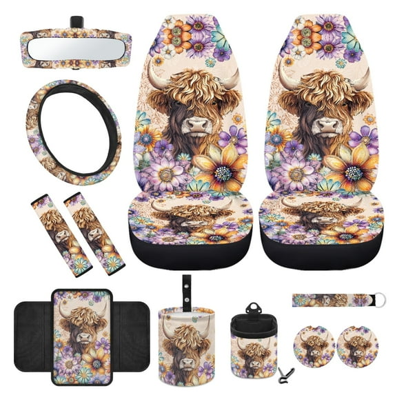 Yuyamidu Dahlia Front Car Seat Covers Full Set of 12 Highland Cow Steering Wheel Armrest Cover Seat Belt Pads Garbage Can Rearview Mirror Cover Coasters Keychain Auto Air Vent Storage Holder