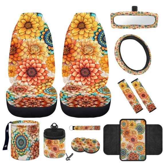 Yuyamidu Dahlia Front Car Seat Covers Full Set for Women Auto Steering Wheel Cover Seat Belt Cover Armrest Cover Garbage Can Boho Air Vent Pouch Rearview Mirror Cover Coasters Keychain, 12 Pack