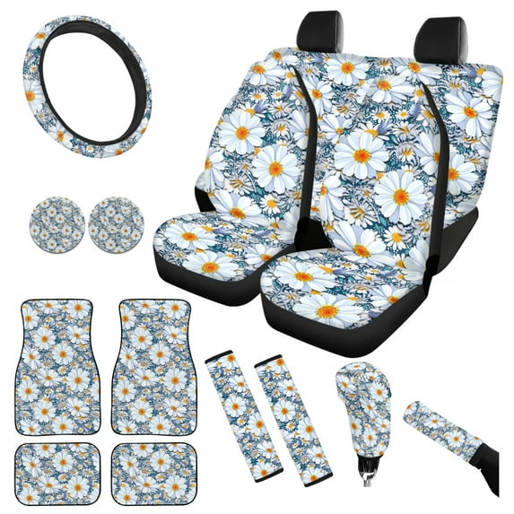 Yuyamidu Daisy Car Seat Cover Full Set Car Floor Mats Auto Seat Belt Cover Steering Wheel Cover Coasters Gear Shift Cover Auto Decor, 15 PCS