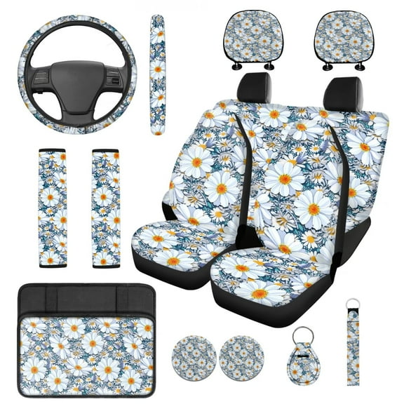 Yuyamidu Daisy Car Seat Cover Full Set with Steering Wheel Cover Seat Belt Pads Armrest Cover Auto Headrest Covers Cup Holders Keychain Fit for Most Vehicles