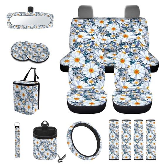 Yuyamidu Daisy Car Seat Cover Set with Steering Wheel Cover Seat Belt Covers Trash Can Air Vent Pocket Organizer Rear View Mirror Cover Cup Coasters Key Chain 15 PCS Car Decorative Accessories