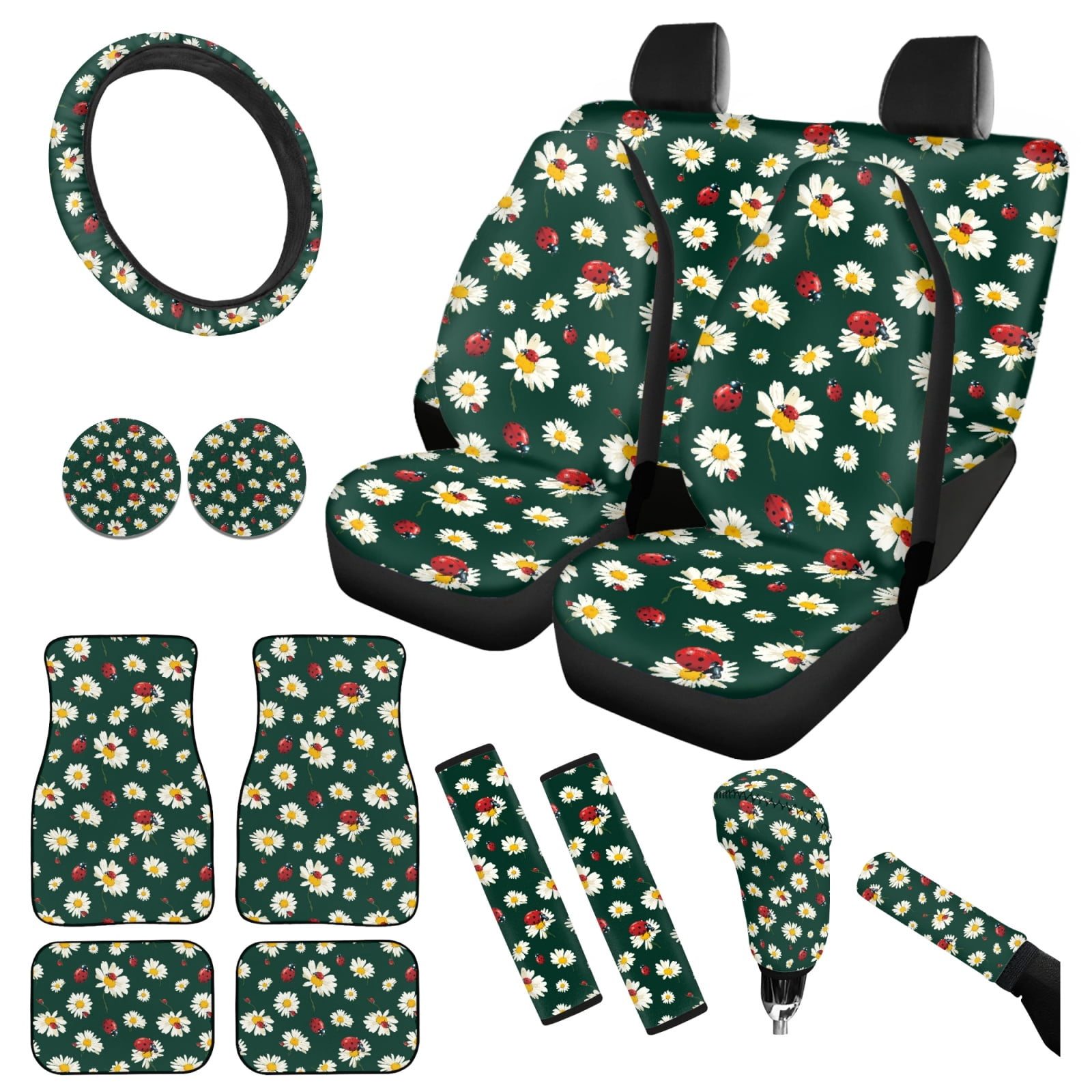 Yuyamidu Daisy Car Seat Cover Set of 15 Ladybug Car Carpet Mats Steering Wheel Cover Seatbelt Cushion Pad Gear Shift Knob Cover Set Cup Holder, Green