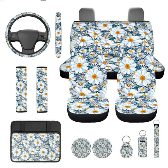 Yuyamidu Daisy Car Seat Covers Full Set with Steering Wheel Cover Safe Belt Pads Coasters Keychain Car Center Console Cover Auto Interior Sets, 13 PCS
