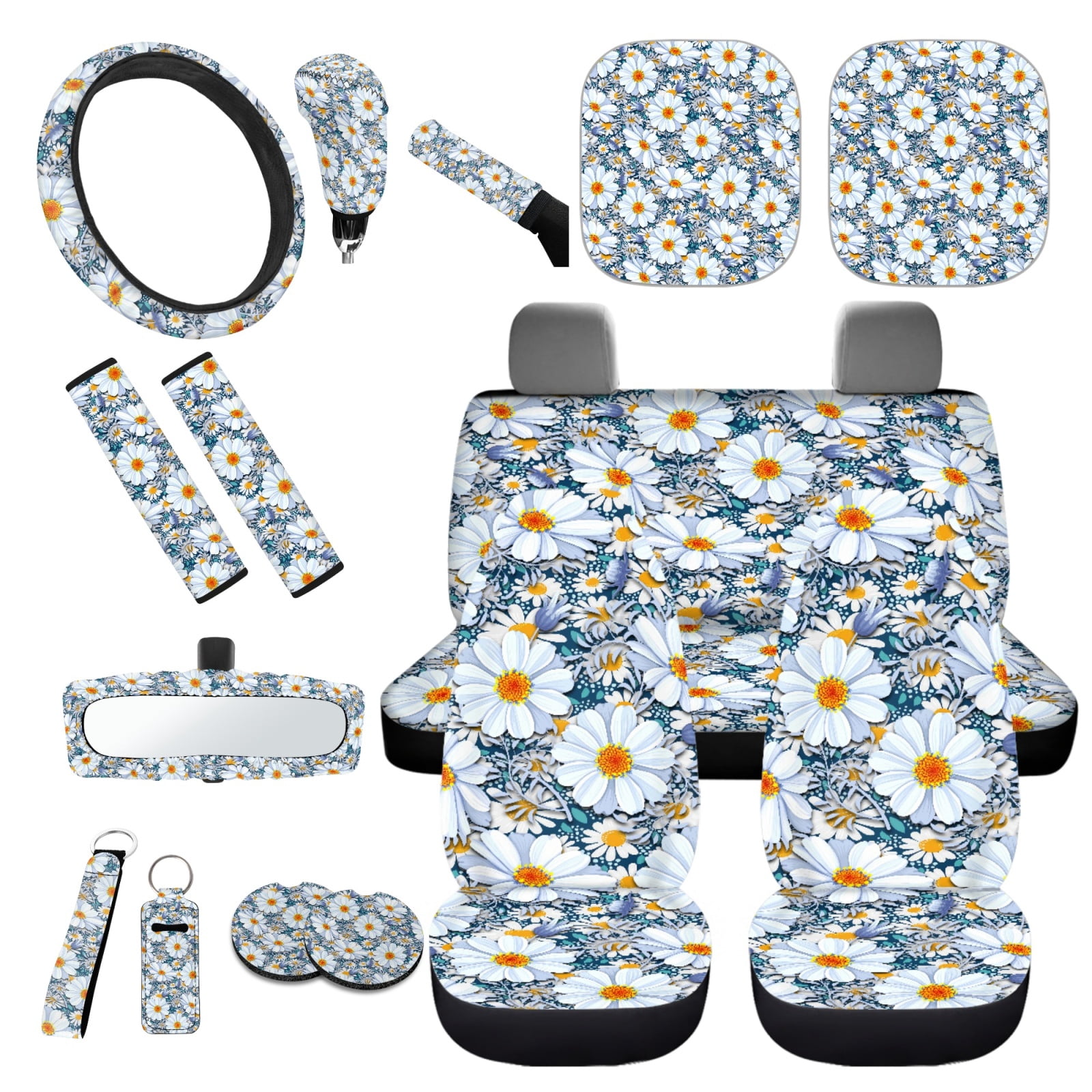 Yuyamidu Daisy Car Seat Covers Set of 16 Floral Steering Wheel Cover Handbrake Cover Gear Shift Knob Cover Seat Belt Covers Car Windshield Sun Shade Rear View Mirror Cover Coasters Key Chain