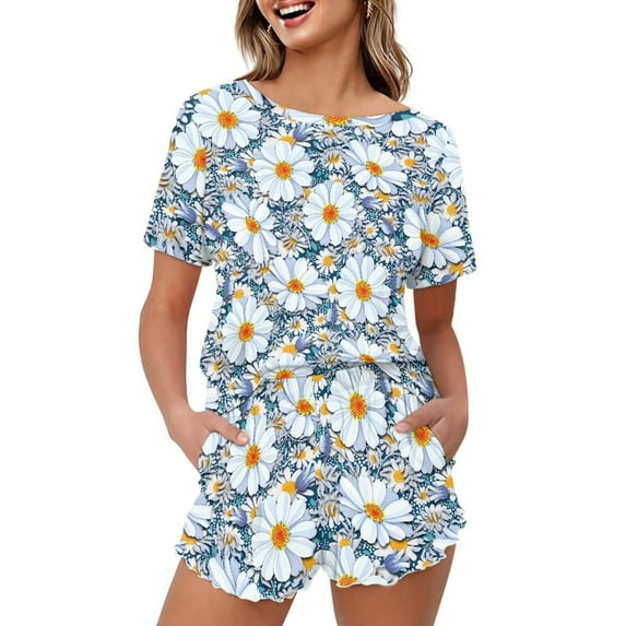 Yuyamidu Daisy Flowers Summer Sleepwear Sets for Women Comfy Soft Pjs Sets Pullover Top and Shots Lounge Set 2 Piece Pjs Set