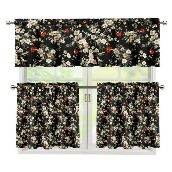 Yuyamidu Daisy Ladybug Kitchen Curtains and Valances 3 Panel Set Easy to Install Small Short Cafe Window Curtains Energy Saving Window Treatment Tiers for Living Room Bathroom