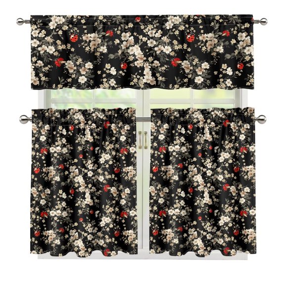 Yuyamidu Daisy Ladybug Kitchen Curtains and Valances 3 Panel Set Easy to Install Small Short Cafe Window Curtains Energy Saving Window Treatment Tiers for Living Room Bathroom