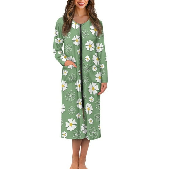 Yuyamidu Daisy Long Sleeve Robe for Women Green Casual Round Neck Robes Soft Zippered Bathrobe Ladies Mid-Calf Length Nightgowns Size 3XL Comfy Dressing Gown