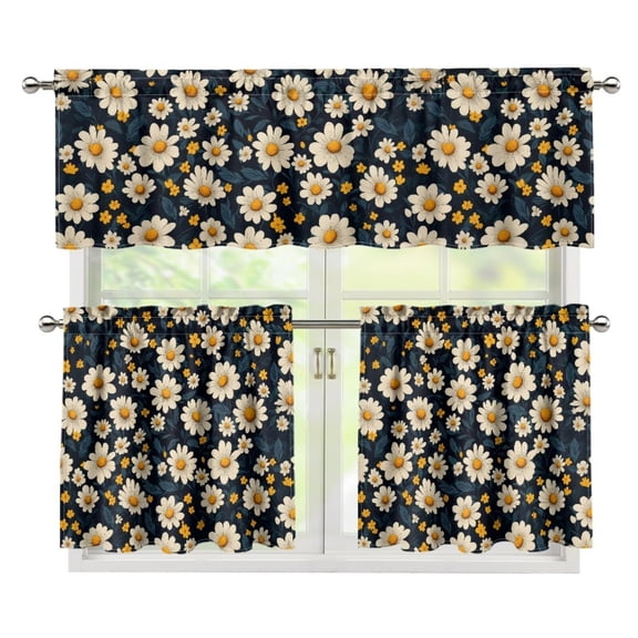 Yuyamidu Daisy Print Kitchen Curtains and Valances 3 Panel Set Polyester Short Tier Curtains with Rod Pocket Easy to Install Contemporary Trendy Valances Home Decor