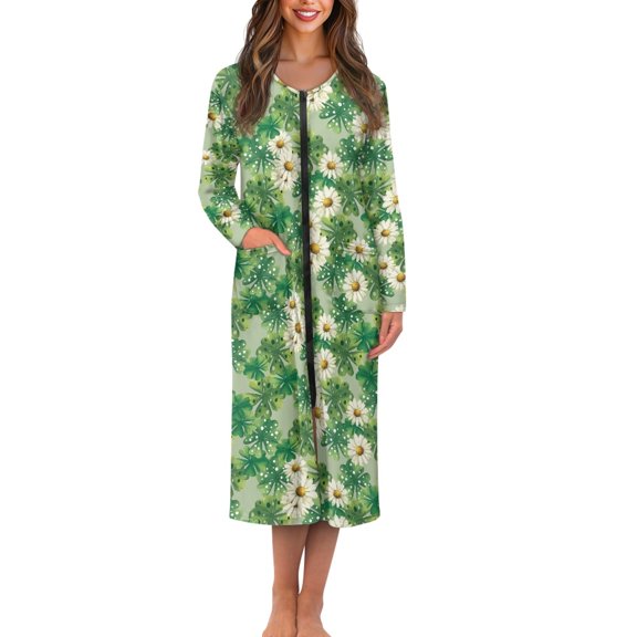 Yuyamidu Daisy Women's Bathrobe Zipper Front Bath Robes Green Leaf Long Sleeve Robe Size 2XL St. Patrick's Day Night Gowns for Women Mid-Length Dressing Gown with Pockets