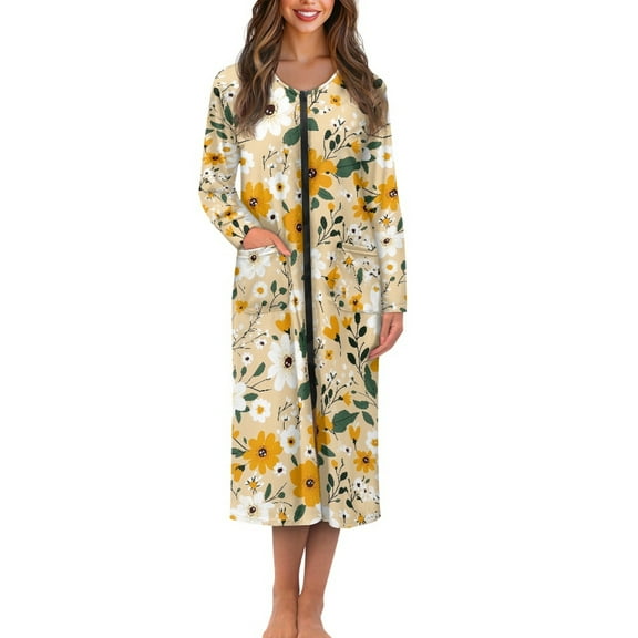 Yuyamidu Daisy Women's Bathrobe Zipper Front Bath Robes Yellow Flowers Long Sleeve Robe Size S Skin-Friendly Crewneck House Coat for Women Mid-Length Dressing Gown
