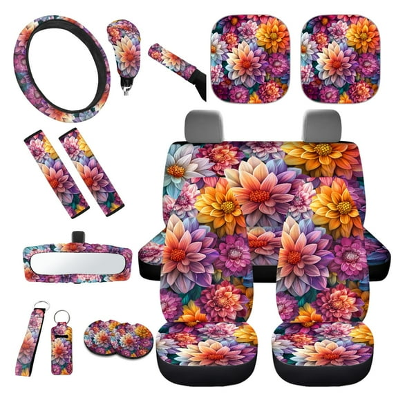 Yuyamidu Dalia Car Seat Cover Set for Women Colorful Flower Steering Wheel Cover Seat Belt Pads Handbrake Cover Set Car Window Shade Rearview Mirror Cover Cup Holder Wrist Key Chain 16 PCS