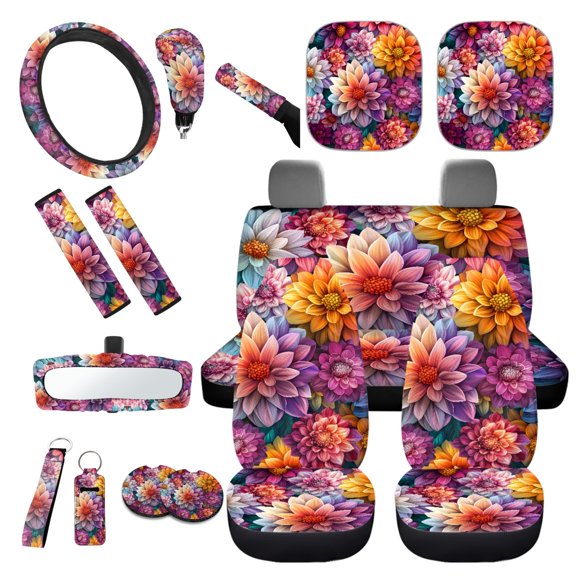 Yuyamidu Dalia Car Seat Cover Set for Women Colorful Flower Steering Wheel Cover Seat Belt Pads Handbrake Cover Set Car Window Shade Rearview Mirror Cover Cup Holder Wrist Key Chain 16 PCS