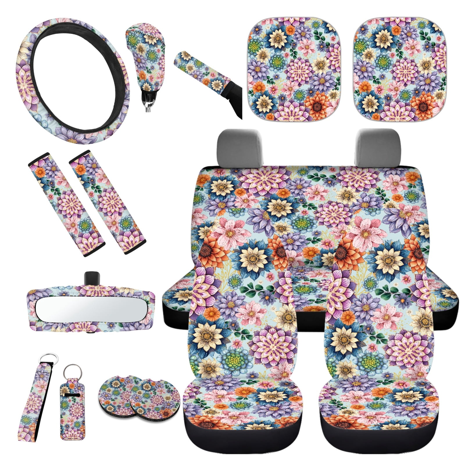 Yuyamidu Dalia Car Seat Covers Full Set of 16 Flower Automotive Steering Wheel Covers Sun Shade Seatbelt Pads Car Coasters Handbrake Cover Set Rear View Mirror Cover Keychain for Women